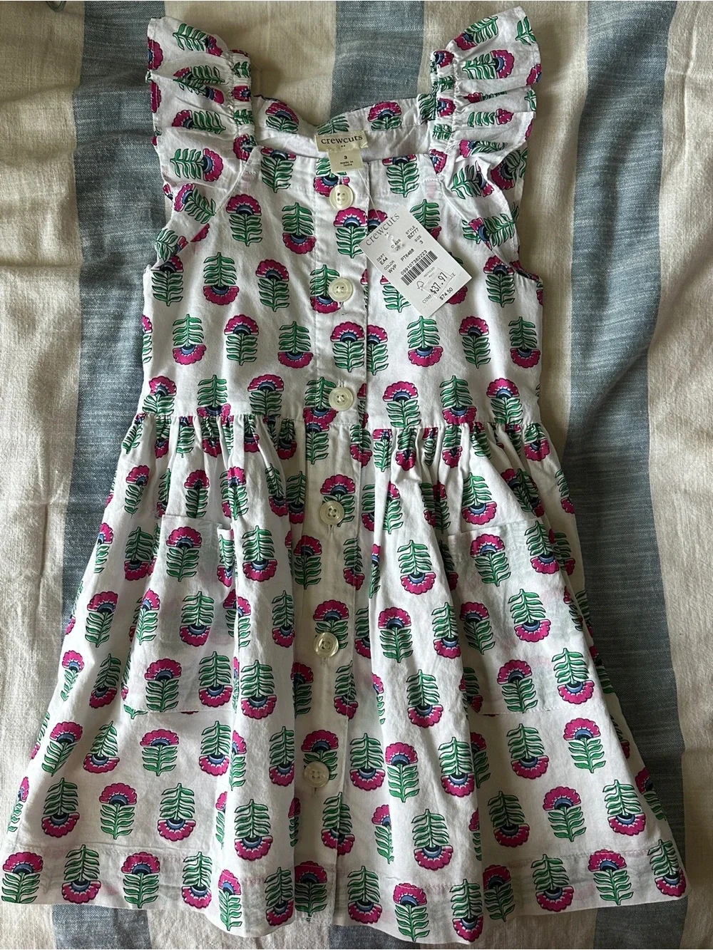 Crewcuts White Floral-Print Button Front Dress with Pink & Green Flowers